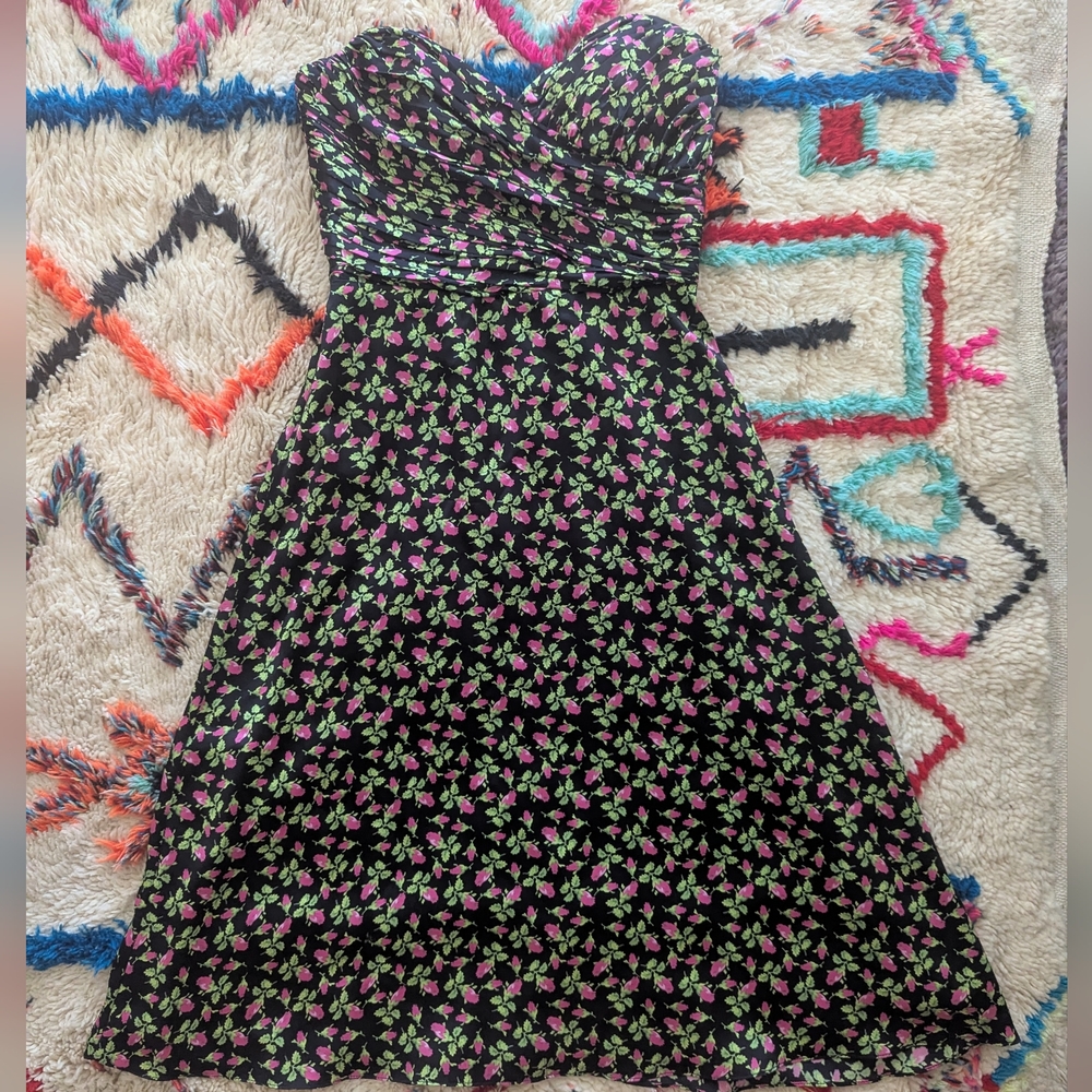 Vintage Betsey Johnson Bustier Black Dress with Pink Roses and Lime Green Leaves